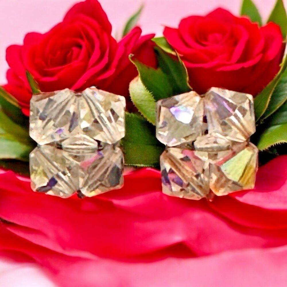 Vintage Aurora Borealis Crystal Clip-On Earrings – Silvertone – 0.5" Sparkle